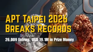 APT Taipei 2026 cover image featuring gold, silver and bronze lion trophies with headline about 26,009 entries and USD 19.1M prize money