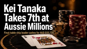 Kei Tanaka Aussie Millions $25,000 Challenge cover image with poker chips and cards, highlighting his 7th-place finish for AUD $111,720.