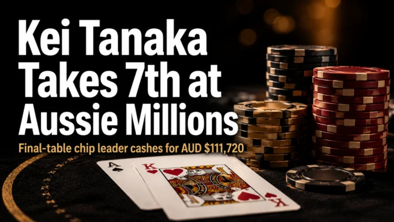 Kei Tanaka Aussie Millions $25,000 Challenge cover image with poker chips and cards, highlighting his 7th-place finish for AUD $111,720.