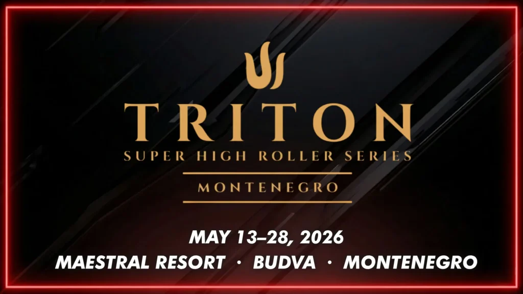 Triton Super High Roller Series Montenegro 2026 — gold Triton trident logo on dark carbon-texture background with red neon border, May 13–28 event dates