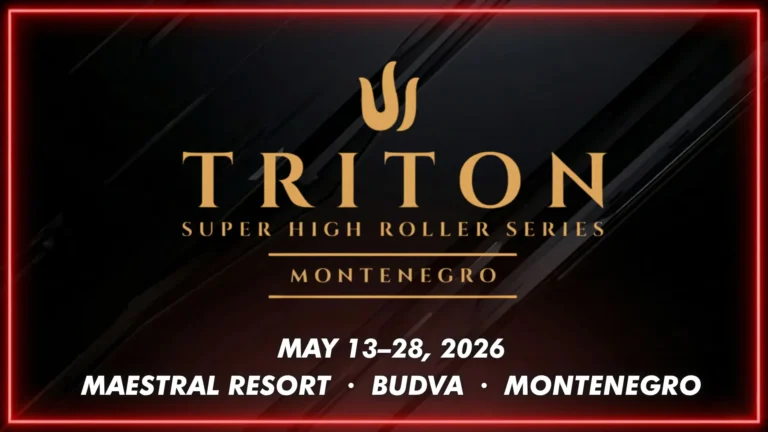 Triton Super High Roller Series Montenegro 2026 — gold Triton trident logo on dark carbon-texture background with red neon border, May 13–28 event dates