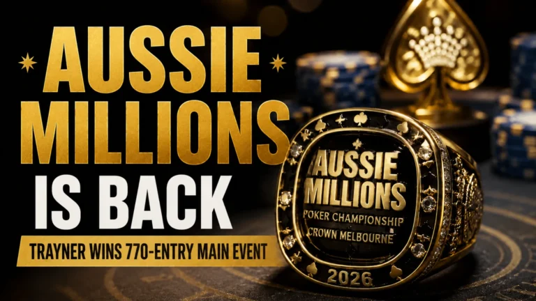 Aussie Millions 2026 cover image with a gold championship ring, poker chips, and headline text for Malcolm Trayner’s 770-entry Main Event win