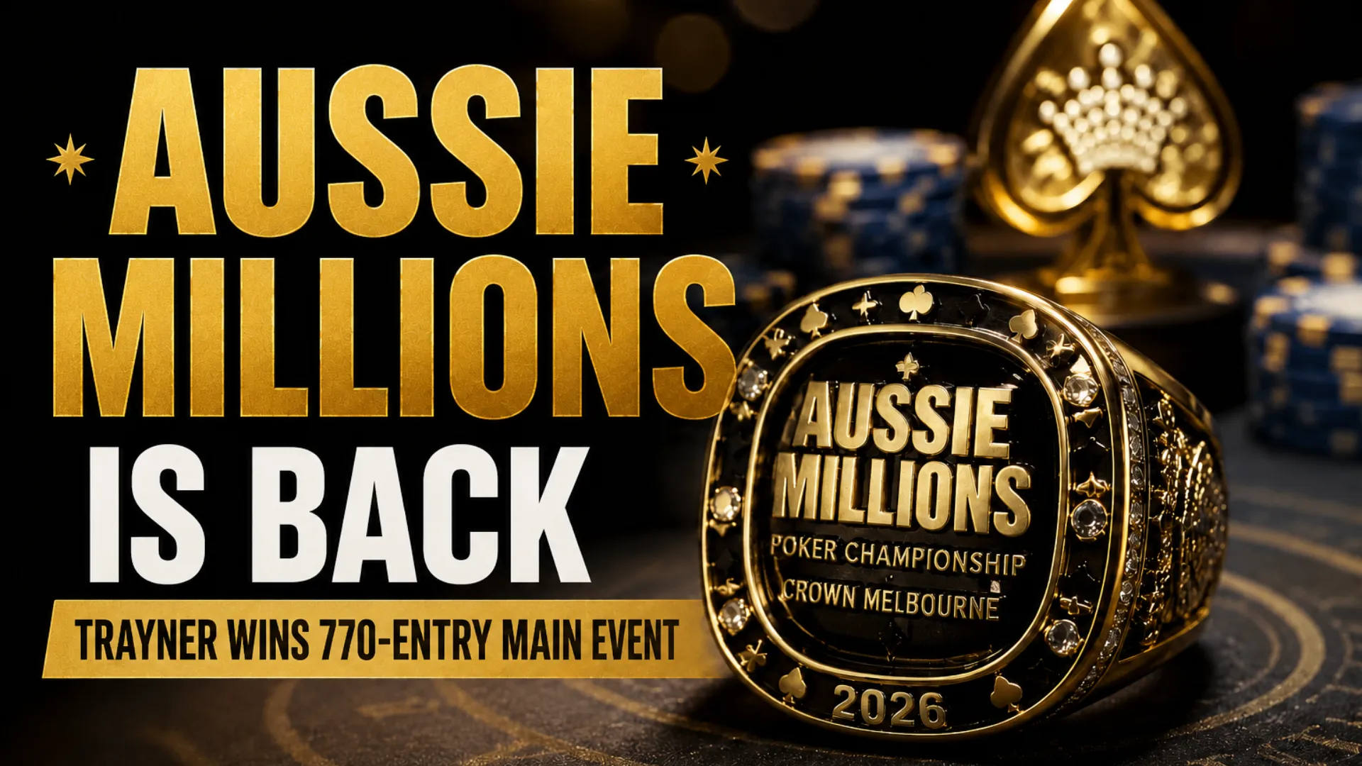Aussie Millions 2026 cover image with a gold championship ring, poker chips, and headline text for Malcolm Trayner’s 770-entry Main Event win