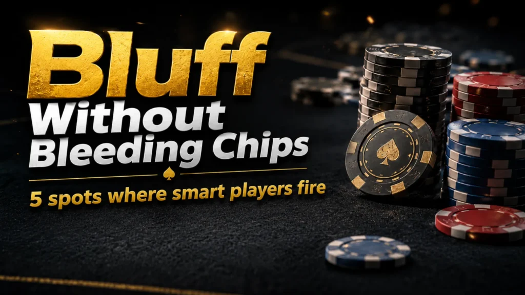 Poker bluff strategy cover image with casino chips and Japanese headline about avoiding chip loss in Texas Hold’em bluffing.