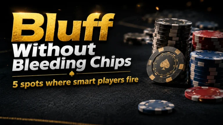 Poker bluff strategy cover image with casino chips and Japanese headline about avoiding chip loss in Texas Hold’em bluffing.