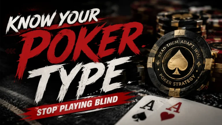 Poker player type cover image with poker chips, ace cards, and bold strategy headline about finding your table personality