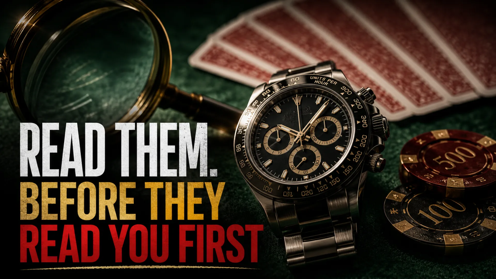 Poker tells strategy cover image with a magnifying glass, luxury watch, poker chips, and cards on green casino felt