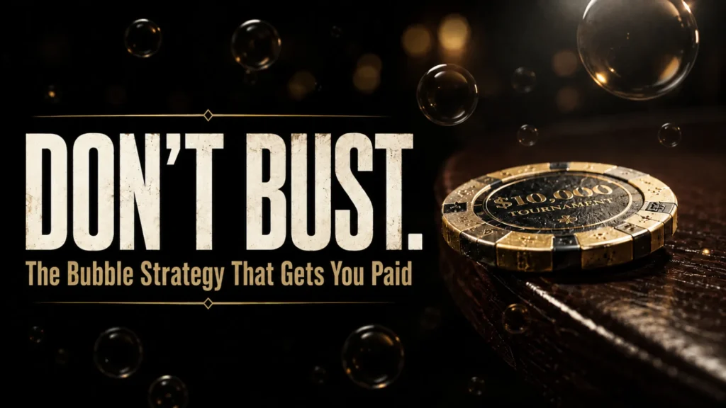 Poker bubble strategy cover showing a gold tournament chip on the edge of a dark poker table with bubble effects and the headline “Don’t Bust.”