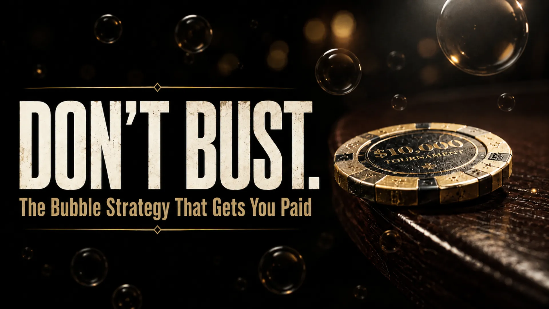 Poker bubble strategy cover showing a gold tournament chip on the edge of a dark poker table with bubble effects and the headline “Don’t Bust.”