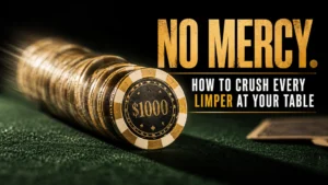 High-denomination poker chips pushed across green felt with bold No Mercy headline for a poker limper strategy guide