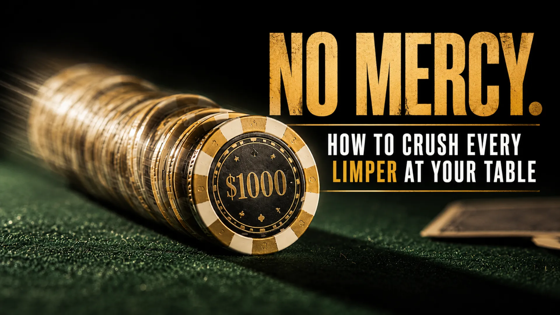 High-denomination poker chips pushed across green felt with bold No Mercy headline for a poker limper strategy guide