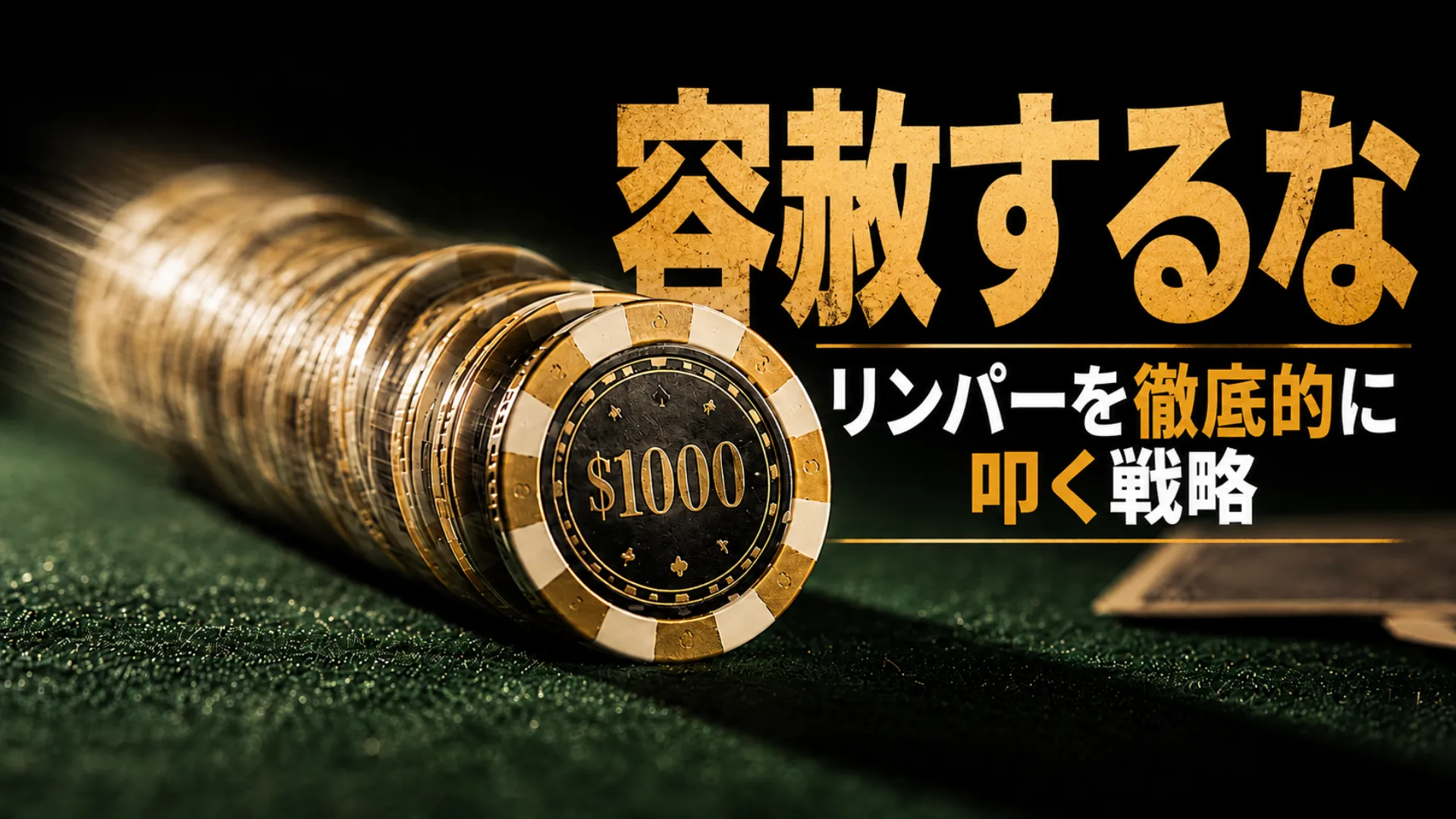 グリーンフェルト上を押し出される高額ポーカーチップと「容赦するな」の見出しで、リンパー攻略戦略を表現したカバー画像