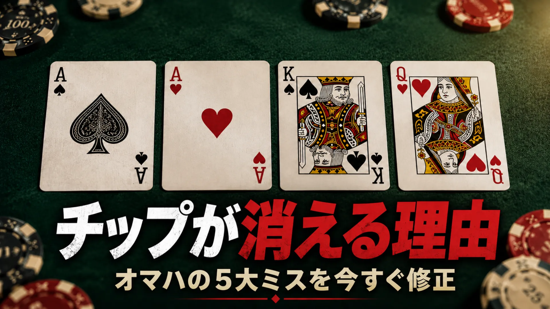 オマハポーカー戦略のカバー画像。緑のフェルト上に4枚のPLOハンドとチップを配置し、5つの大きなミス修正を訴求。