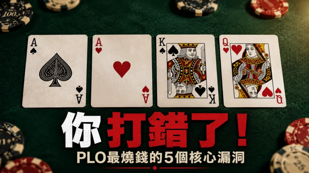 PLO策略封面圖，綠色牌桌上展示四張奧馬哈手牌與籌碼，標題提醒修正5個最燒錢的PLO核心漏洞。