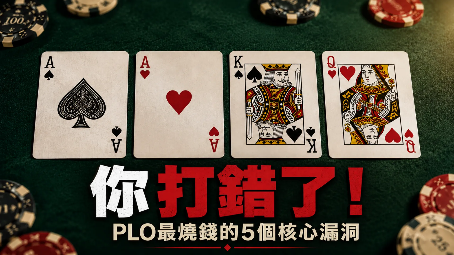 PLO策略封面圖，綠色牌桌上展示四張奧馬哈手牌與籌碼，標題提醒修正5個最燒錢的PLO核心漏洞。