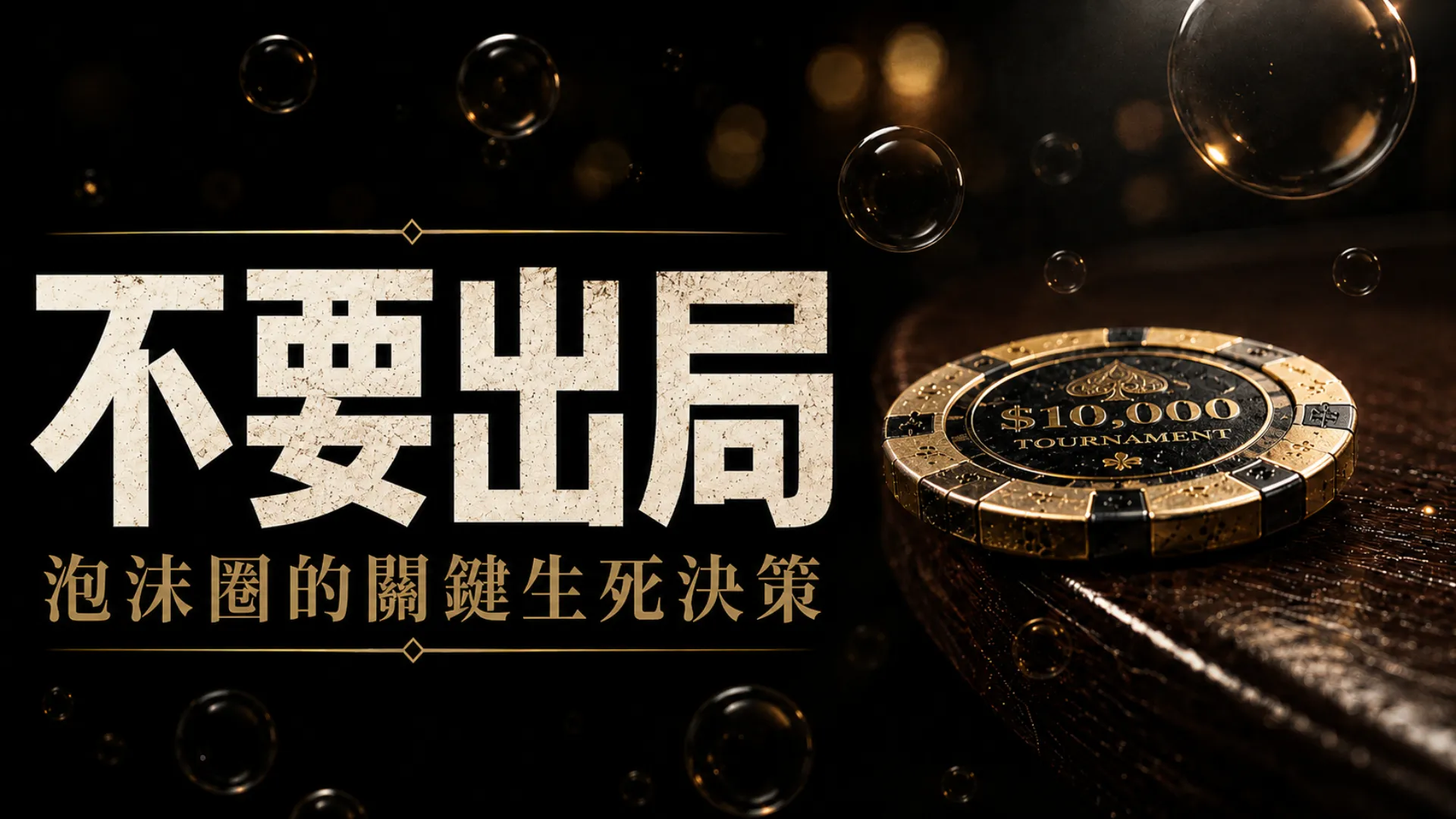 德州撲克泡沫圈策略封面圖，金色錦標賽籌碼停在深色牌桌邊緣，搭配泡泡效果與「不要出局」標題。
