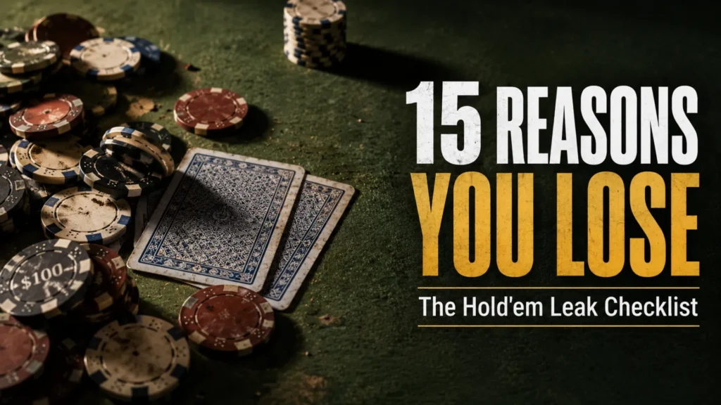 Poker chips and face-down cards on green felt with headline about 15 Texas Hold'em mistakes that make players lose
