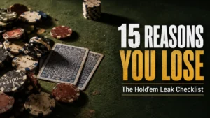 Poker chips and face-down cards on green felt with headline about 15 Texas Hold'em mistakes that make players lose