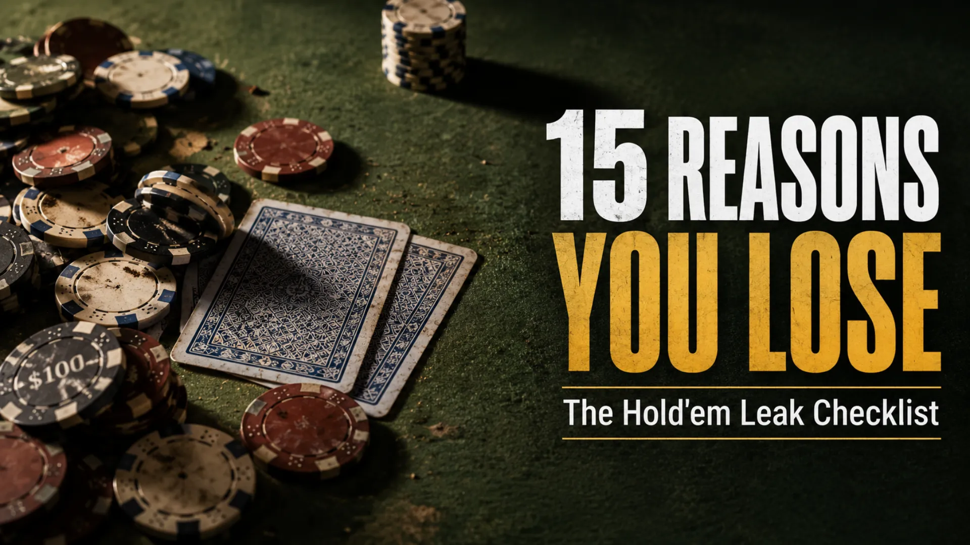 Poker chips and face-down cards on green felt with headline about 15 Texas Hold'em mistakes that make players lose