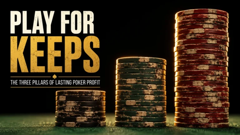 Three ascending poker chip stacks symbolizing long-term poker profit strategy and disciplined bankroll growth