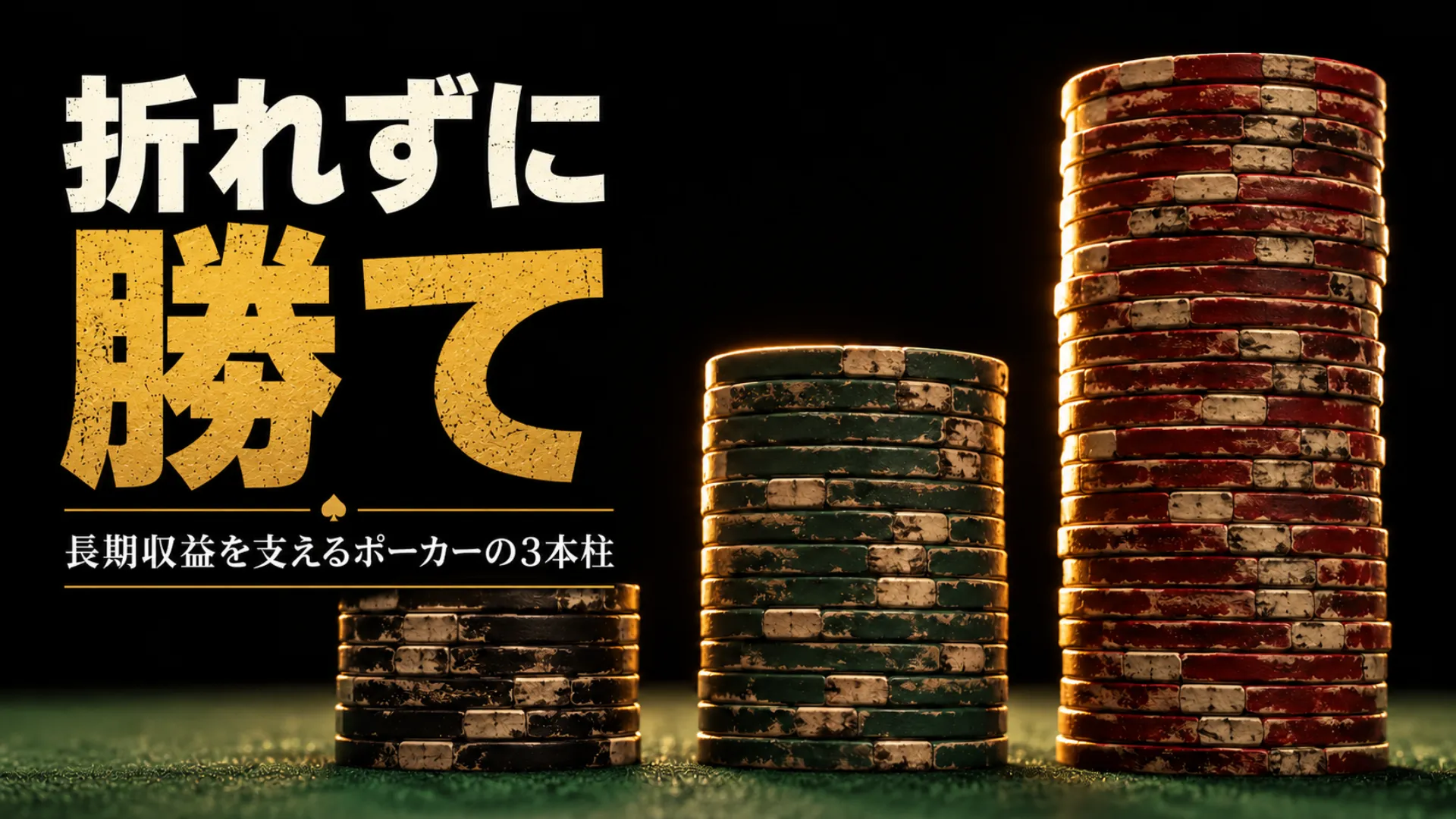 高さの異なる3本のポーカーチップが、長期的なポーカー収益戦略と資金管理を象徴