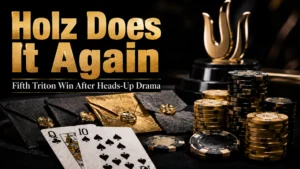 Fedor Holz Triton Montenegro Mystery Bounty cover image with gold trophy, poker chips, Queen of clubs and Ten of spades