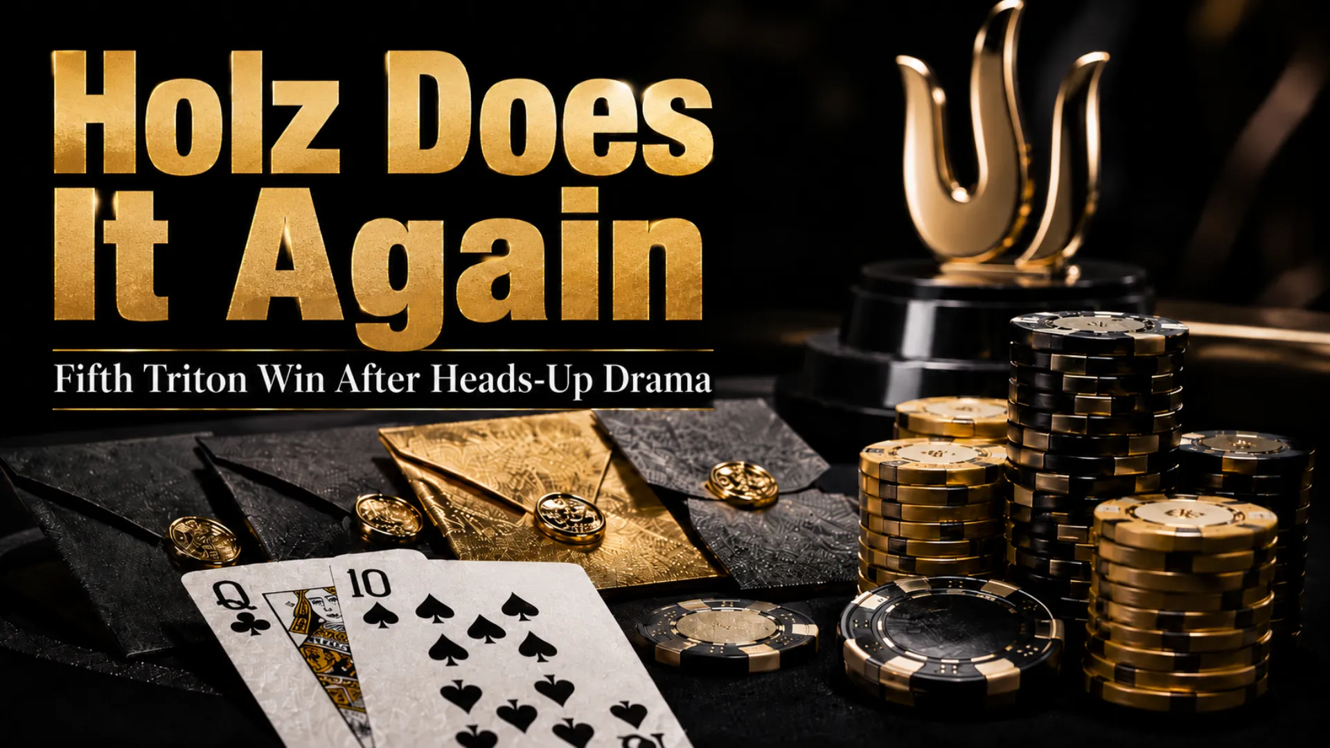 Fedor Holz Triton Montenegro Mystery Bounty cover image with gold trophy, poker chips, Queen of clubs and Ten of spades