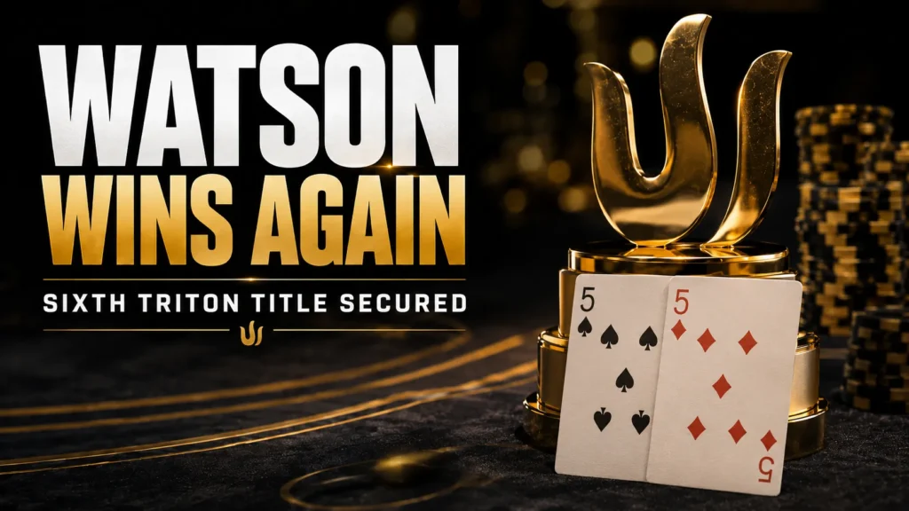 Mike Watson Triton Poker cover with gold trophy, pocket fives, and sixth title headline