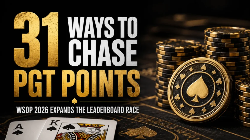 Luxury poker cover image with chips, spade coin, playing cards, and headline for 2026 WSOP 31 PGT qualifying events