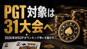 黒金のポーカーカバー画像。チップ、スペードコイン、カードと2026年WSOPのPGT対象31大会ヘッドライン