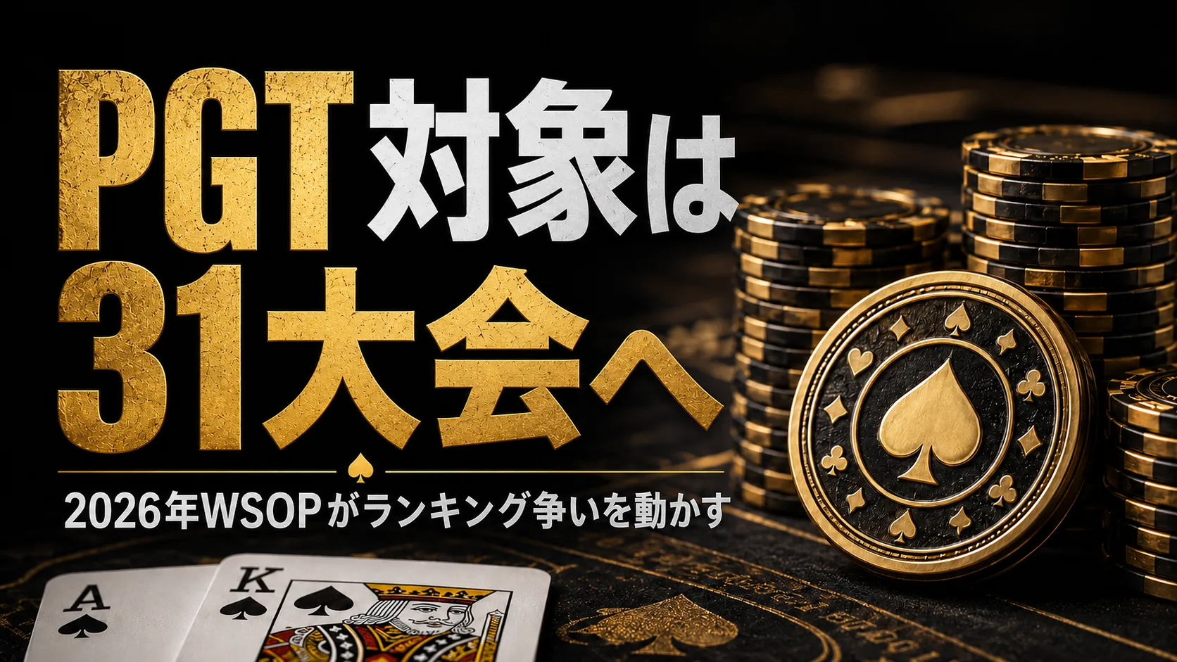 黒金のポーカーカバー画像。チップ、スペードコイン、カードと2026年WSOPのPGT対象31大会ヘッドライン