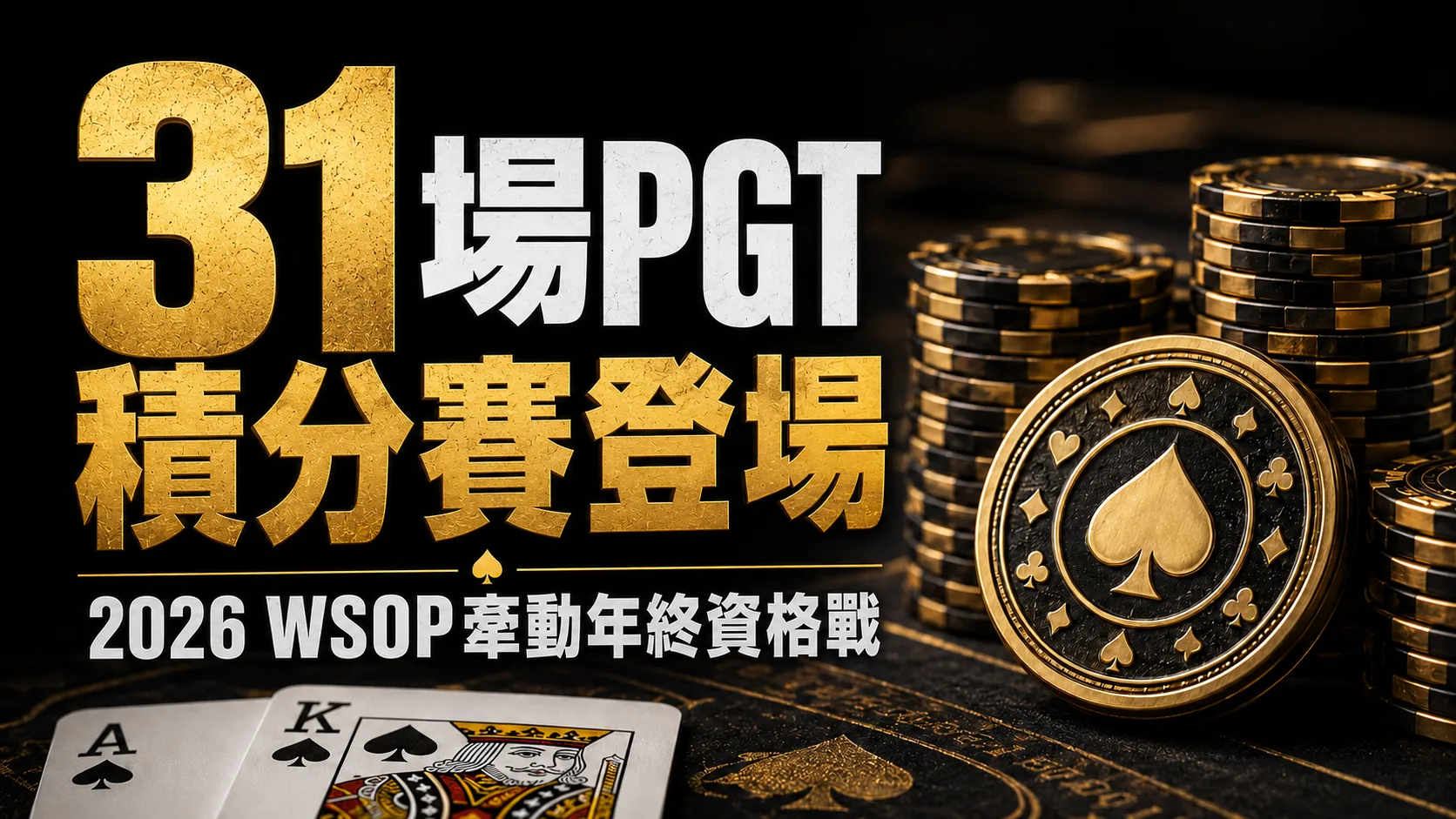 黑金撲克封面圖，包含籌碼、黑桃金幣、撲克牌與2026 WSOP 31場PGT積分賽標題