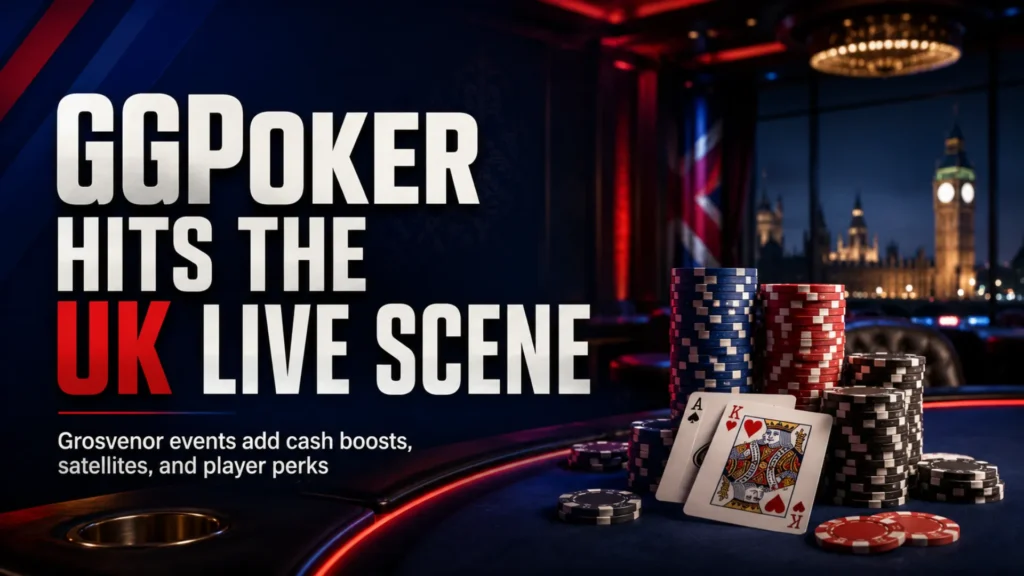 GGPoker and Grosvenor Casinos UK live poker partnership cover image with poker chips, cards, London skyline, and cash boost headline