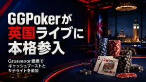 GGPokerとGrosvenor Casinosの英国ライブポーカー提携を伝えるカバー画像。ポーカーチップ、カード、ロンドン夜景、キャッシュブーストの見出しを掲載