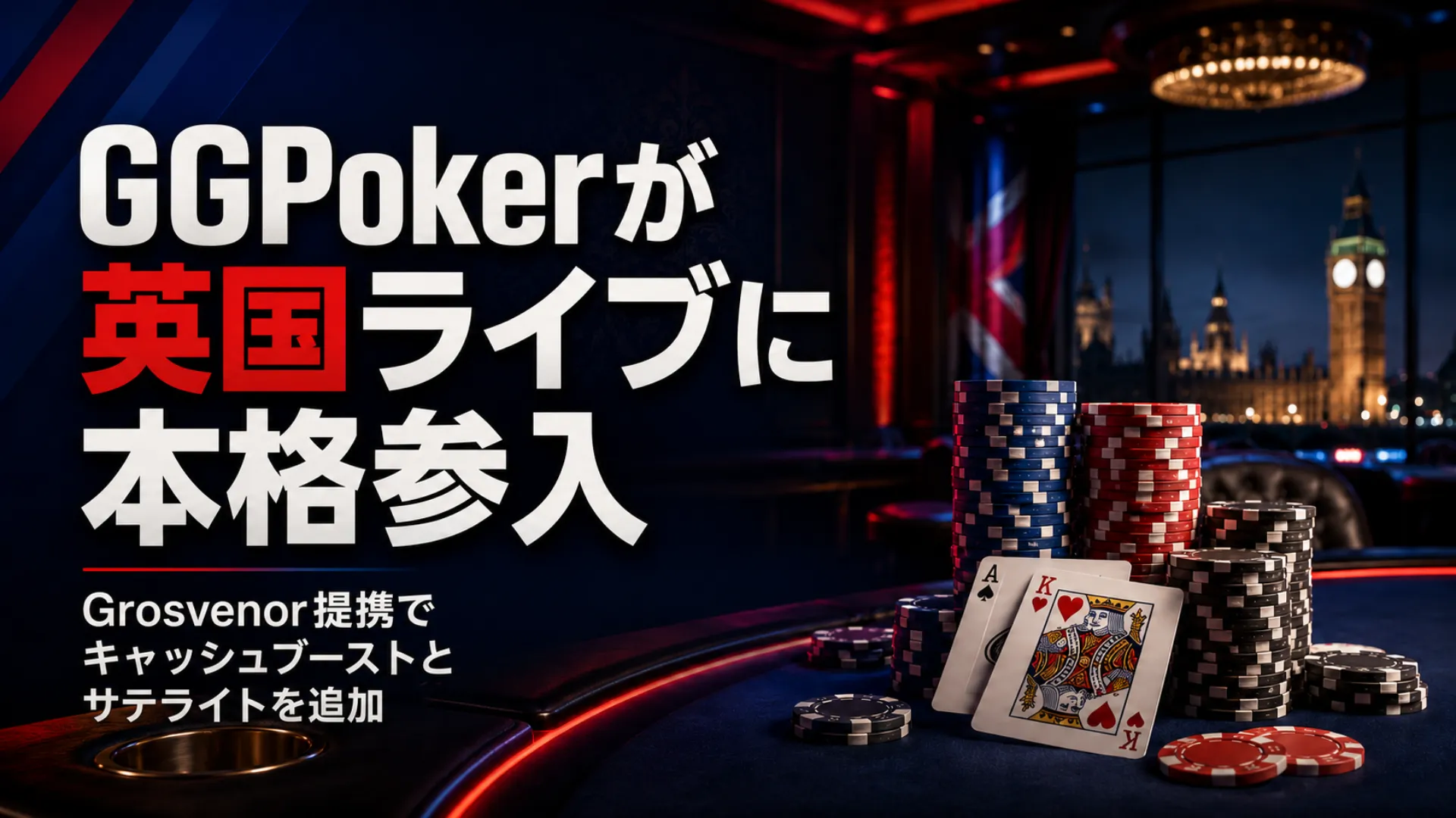 GGPokerとGrosvenor Casinosの英国ライブポーカー提携を伝えるカバー画像。ポーカーチップ、カード、ロンドン夜景、キャッシュブーストの見出しを掲載