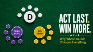 Texas Hold’em position strategy cover showing dealer button, small blind, and big blind chips on green felt with the headline “Act Last. Win More.”