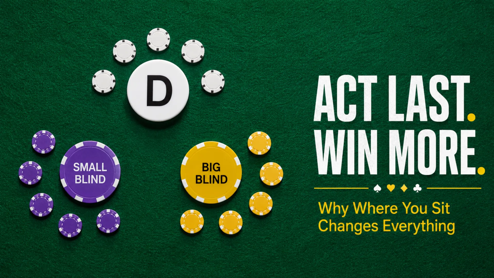 Texas Hold’em position strategy cover showing dealer button, small blind, and big blind chips on green felt with the headline “Act Last. Win More.”