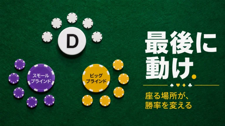 テキサスホールデムのポジション戦略を示すカバー画像。緑のフェルト上にディーラーボタン、スモールブラインド、ビッグブラインドを配置