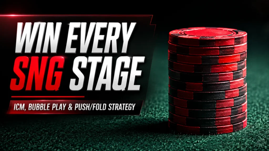 Red and black poker chip stack on green felt for SNG poker strategy, covering ICM, bubble play and push/fold decisions