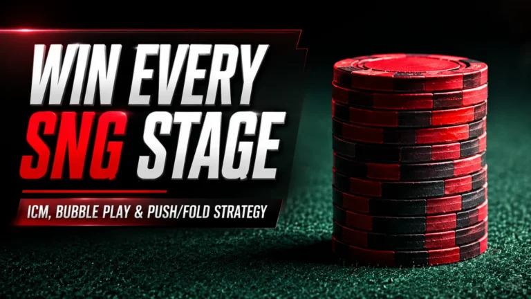 Red and black poker chip stack on green felt for SNG poker strategy, covering ICM, bubble play and push/fold decisions