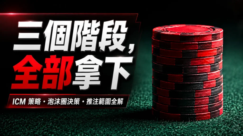紅黑撲克籌碼堆疊在綠色牌桌上，呈現SNG撲克策略、ICM、泡沫圈決策與推注範圍教學