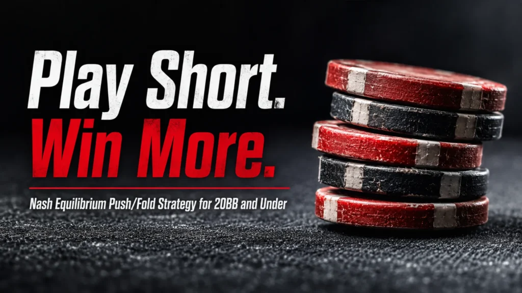 Weathered red and black poker chips with bold short-stack strategy text, Nash equilibrium push/fold poker guide for 20BB and under
