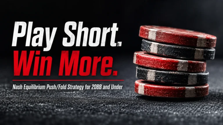 Weathered red and black poker chips with bold short-stack strategy text, Nash equilibrium push/fold poker guide for 20BB and under