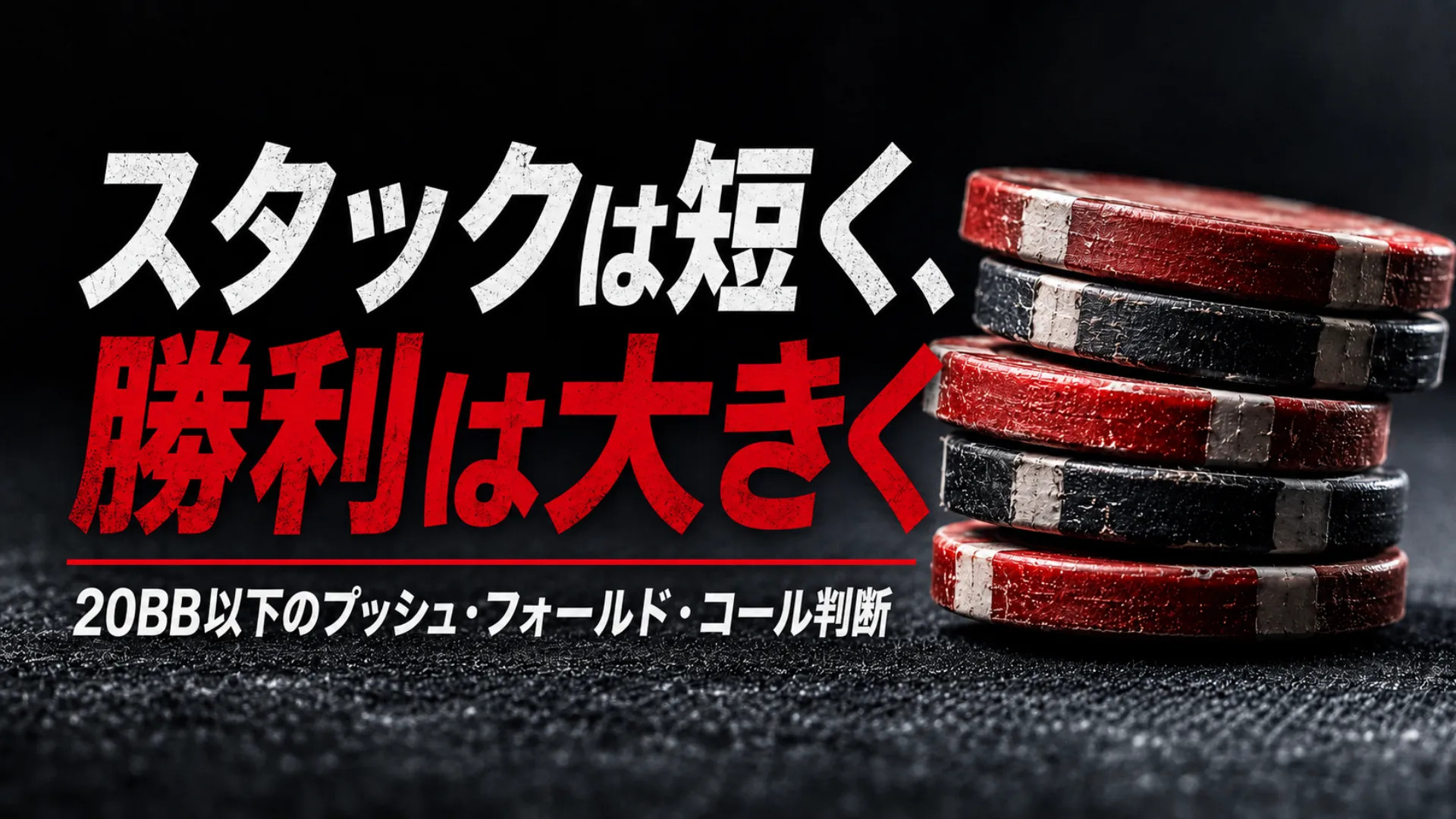 赤と黒の使い込まれたポーカーチップと短いスタック戦略の見出し、20BB以下のナッシュ均衡プッシュ・フォールド判断ガイド