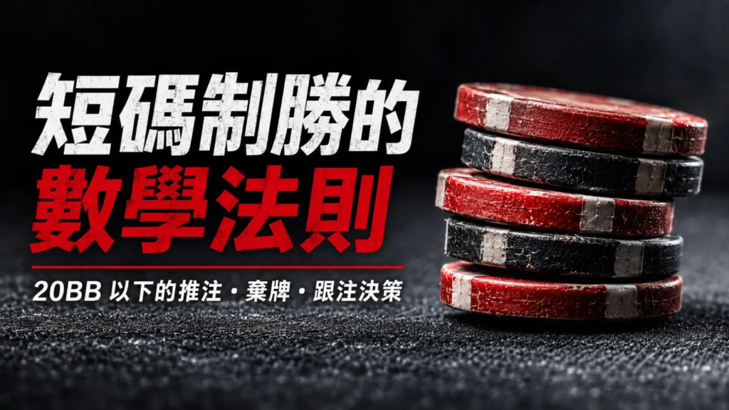 紅黑老舊撲克籌碼搭配短碼策略標題，介紹20BB以下Nash均衡推注、棄牌與跟注決策