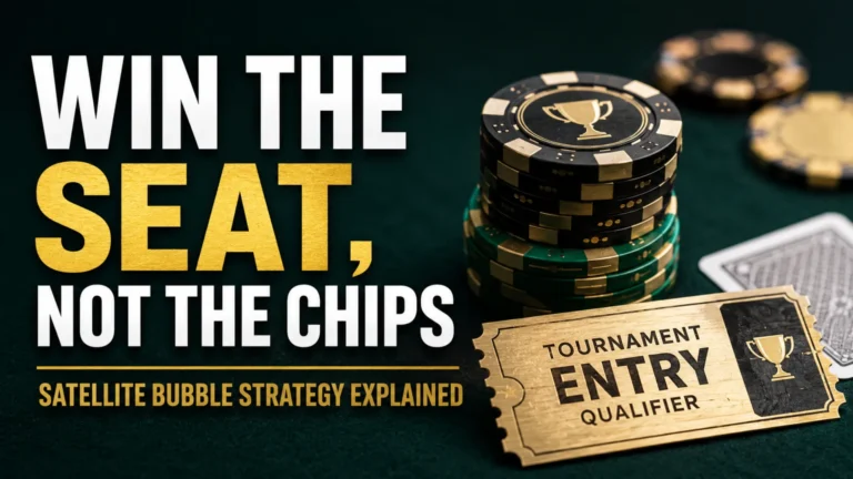 Poker satellite tournament strategy cover showing chips, a qualifier ticket, and the headline Win the Seat, Not the Chips