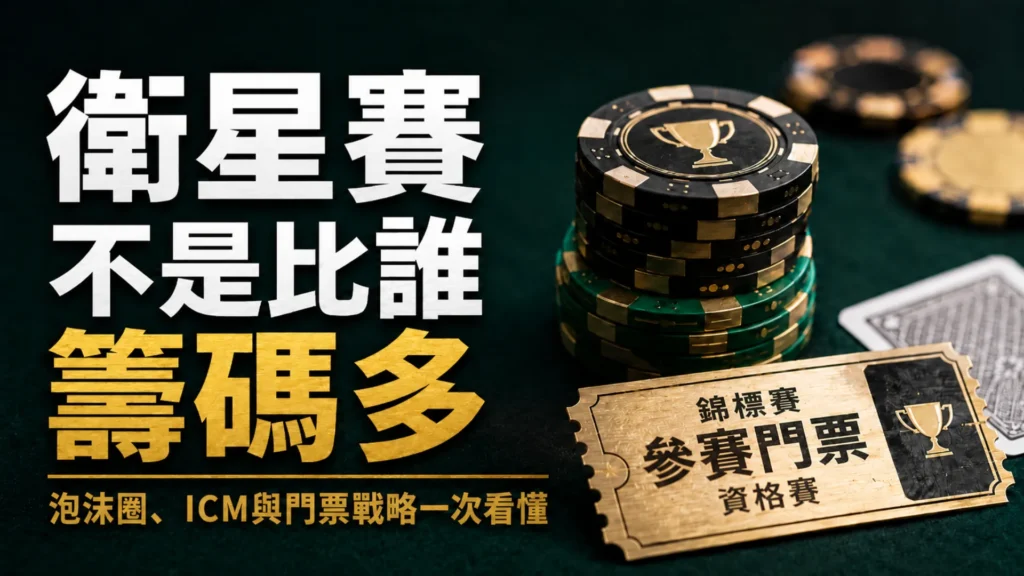 德州撲克衛星賽策略封面圖，呈現籌碼、參賽門票與衛星賽泡沫圈ICM主題