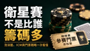 德州撲克衛星賽策略封面圖,呈現籌碼、參賽門票與衛星賽泡沫圈ICM主題