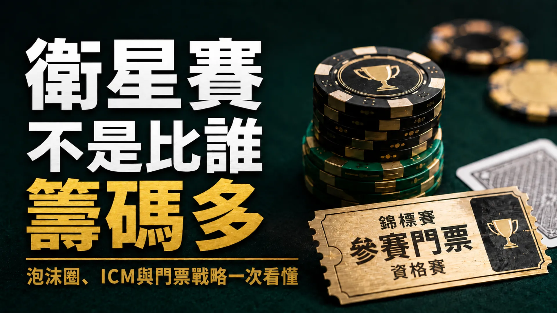 德州撲克衛星賽策略封面圖，呈現籌碼、參賽門票與衛星賽泡沫圈ICM主題