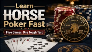 HORSE poker cover image with poker chips, playing cards, and five-game rotation medallion for a mixed games guide